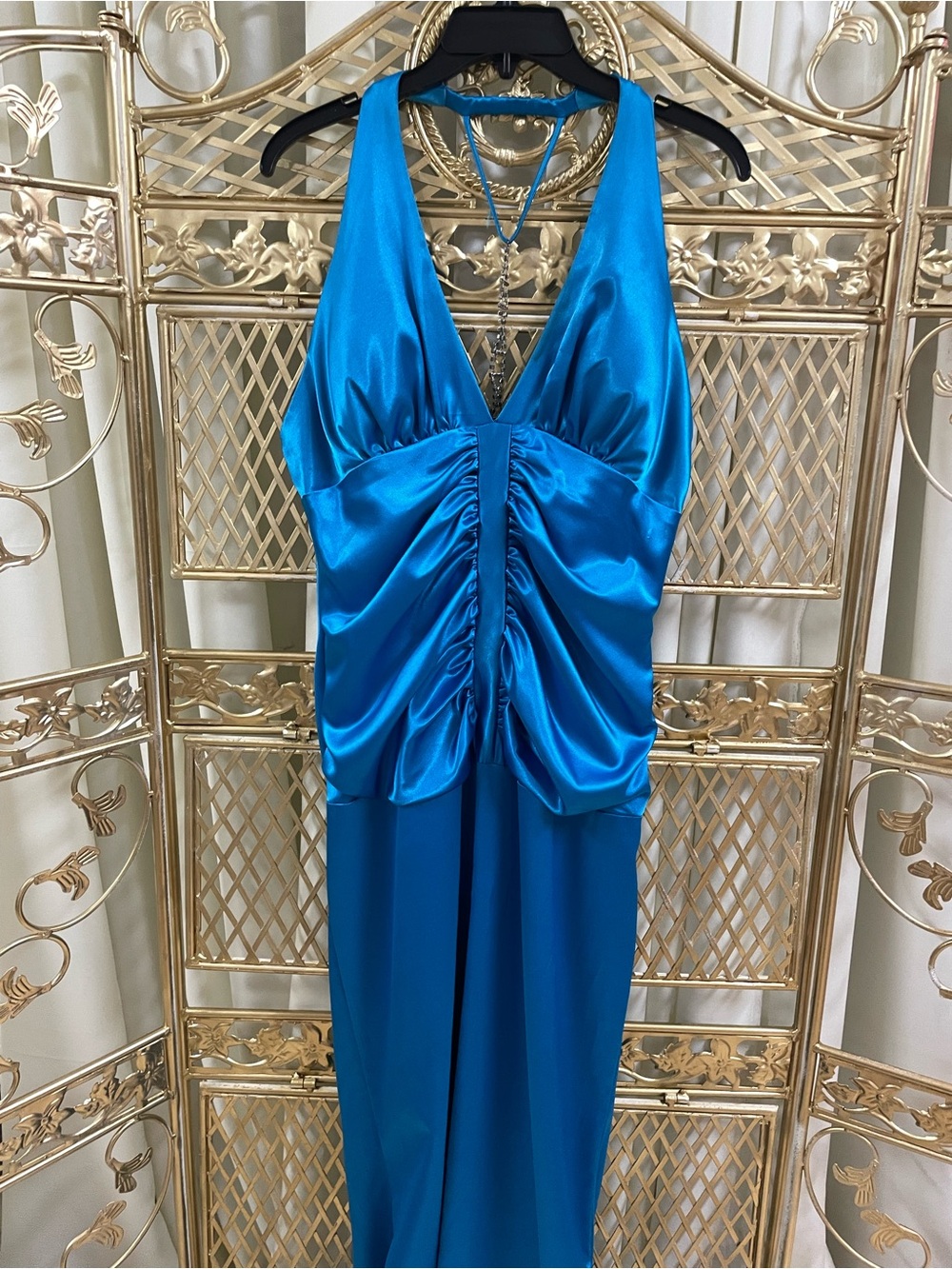Fiesta Backless Satin Gown in Bright Blue